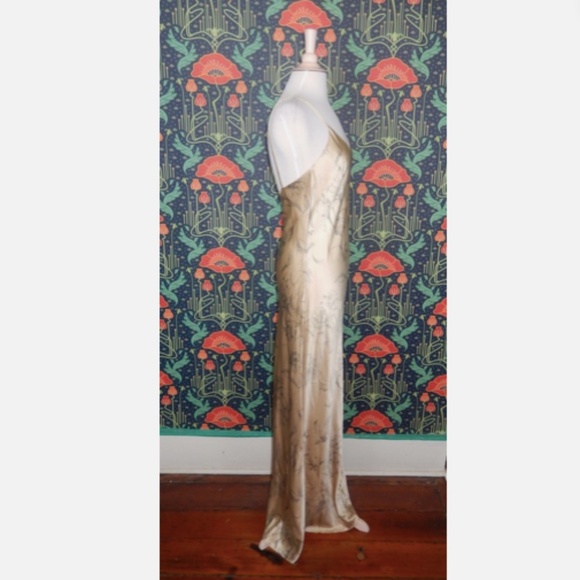 Beige Floral Satin Silk Plunge Back Maxi Slip Long Dress 8 - Picture 5 of 8